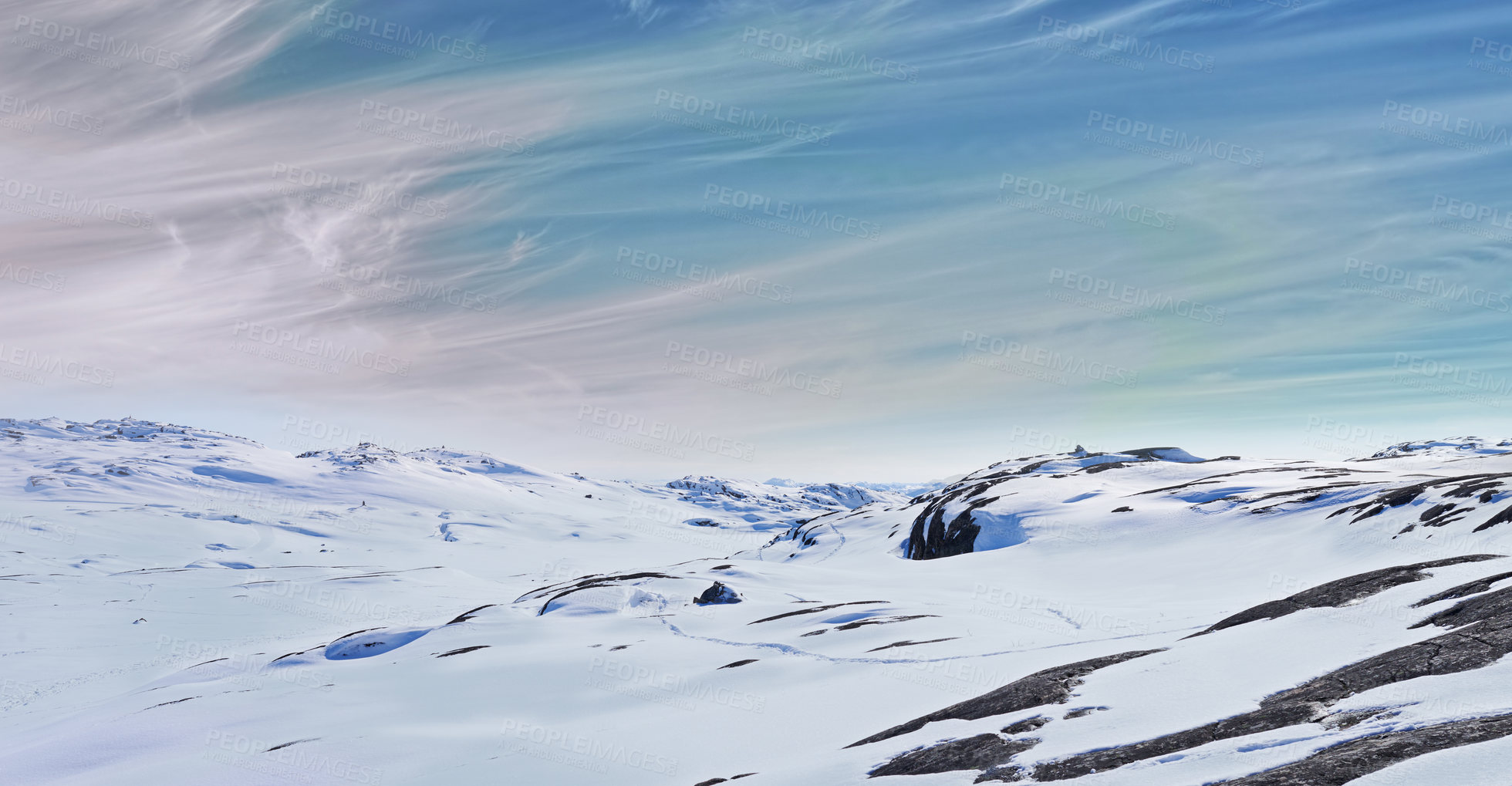 Buy stock photo Landscape, clouds and snow in nature or environment with sunshine, blue sky and earth. Mountain, cold climate and winter for background, wallpaper and outdoor in North Pole for adventure and travel