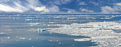 Buy stock photo Iceberg, seascape or ocean in Arctic for view, nature and day in Greenland. Global warming awareness, melting ice and climate change on Earth with landscape, broken glacier and frozen water on banner