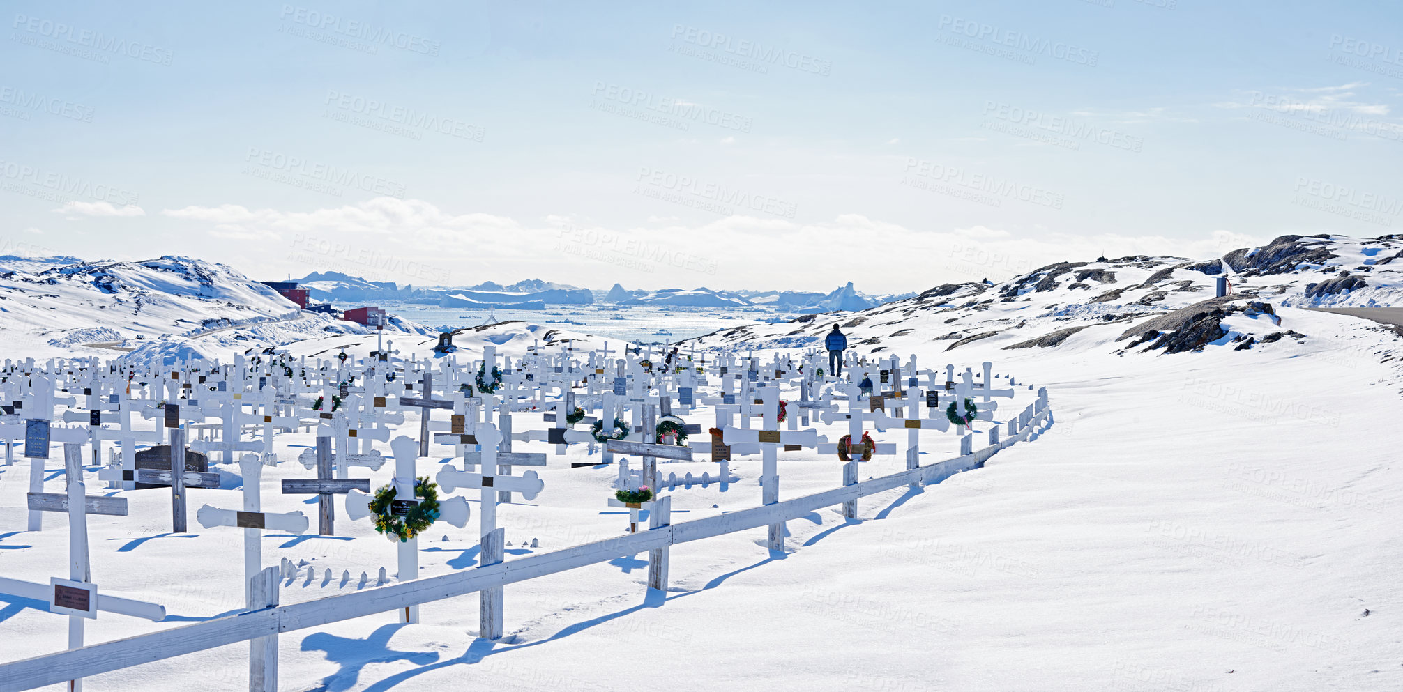 Buy stock photo Graveyard, outdoor and snow in landscape, winter and location for funeral, cross and respect of dead. Cold, row and cemetery in Iceland, fence and ice in environment for tombstone for mourning