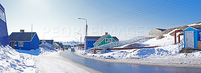 Buy stock photo Countryside, landscape or village with snow for travel or holiday, cold climate or ice in nature. Environment, city or winter banner for vacation in Switzerland with urban buildings, people or calm