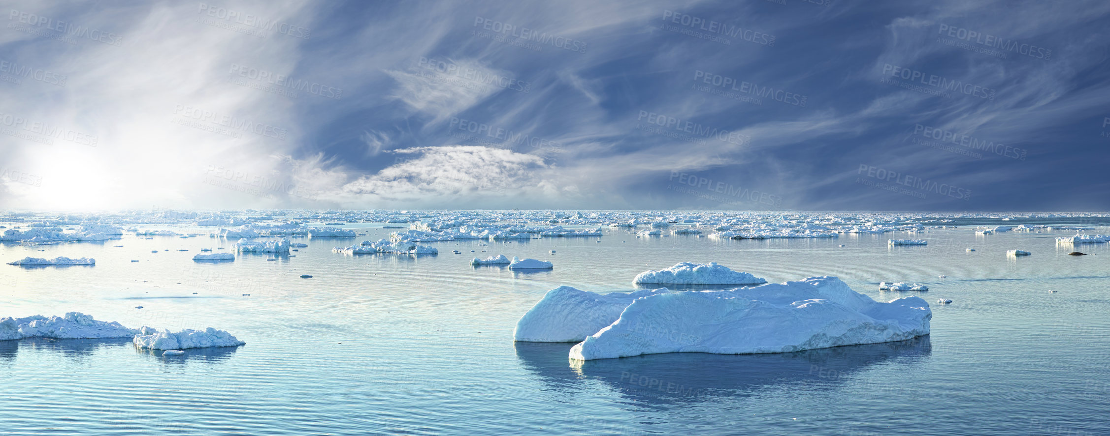 Buy stock photo Blue sky, ocean and iceberg with snow, climate change and sustainability for Iceland sea environment. Calm, landscape and ecology with planet diversity, world and nature for frozen winter sea view