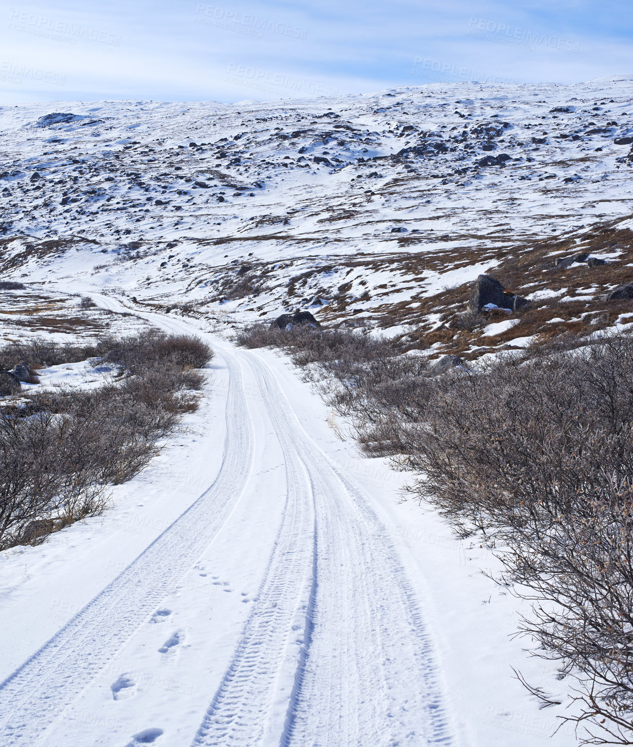 Buy stock photo Landscape, road and mountains with snow, nature and transportation in Kangerlussuaq, Greenland, Denmark. Winter, ice and highway by hill for infrastructure with horizon, travel or path in environment