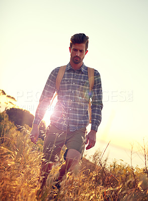 Buy stock photo Man, hiker and sunset with mountain, thinking and nature for travel journey and sightseeing. Tourist, backpacker and vacation for rest, relax and destination with adventure or summer holiday view