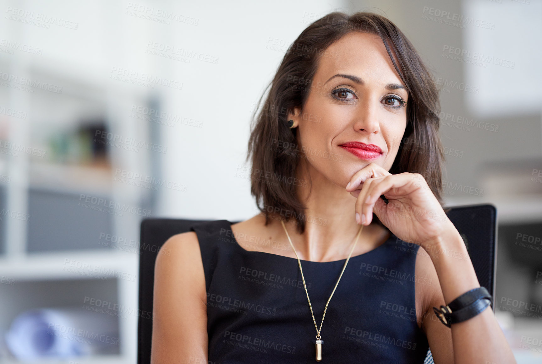 Buy stock photo Portrait, thinking and business woman in office for creative solution, inspiration and ideas in startup. Face, confident copywriter and entrepreneur, professional and expert at media company in Italy