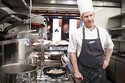 Buy stock photo Restaurant, chef and man with thinking in kitchen for hospitality service, cuisine and job. Fine dining, cook and face of person in food industry for culinary career, catering and idea in France