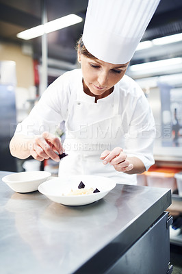 Buy stock photo Chef, dessert and plate in kitchen for catering service, baking or prepare dish. Hospitality, presentation and female baker with chocolate for sweet meal, food industry or dinner in restaurant