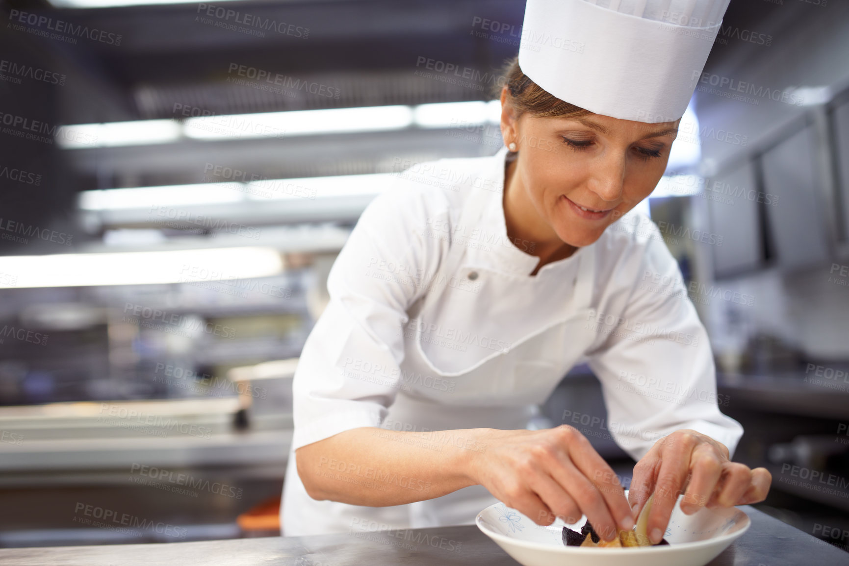 Buy stock photo Baker, dessert and plate in kitchen with pastry for catering service, baking or prepare dish. Hospitality, presentation and hands of female chef for sweet meal, food industry or dinner in restaurant