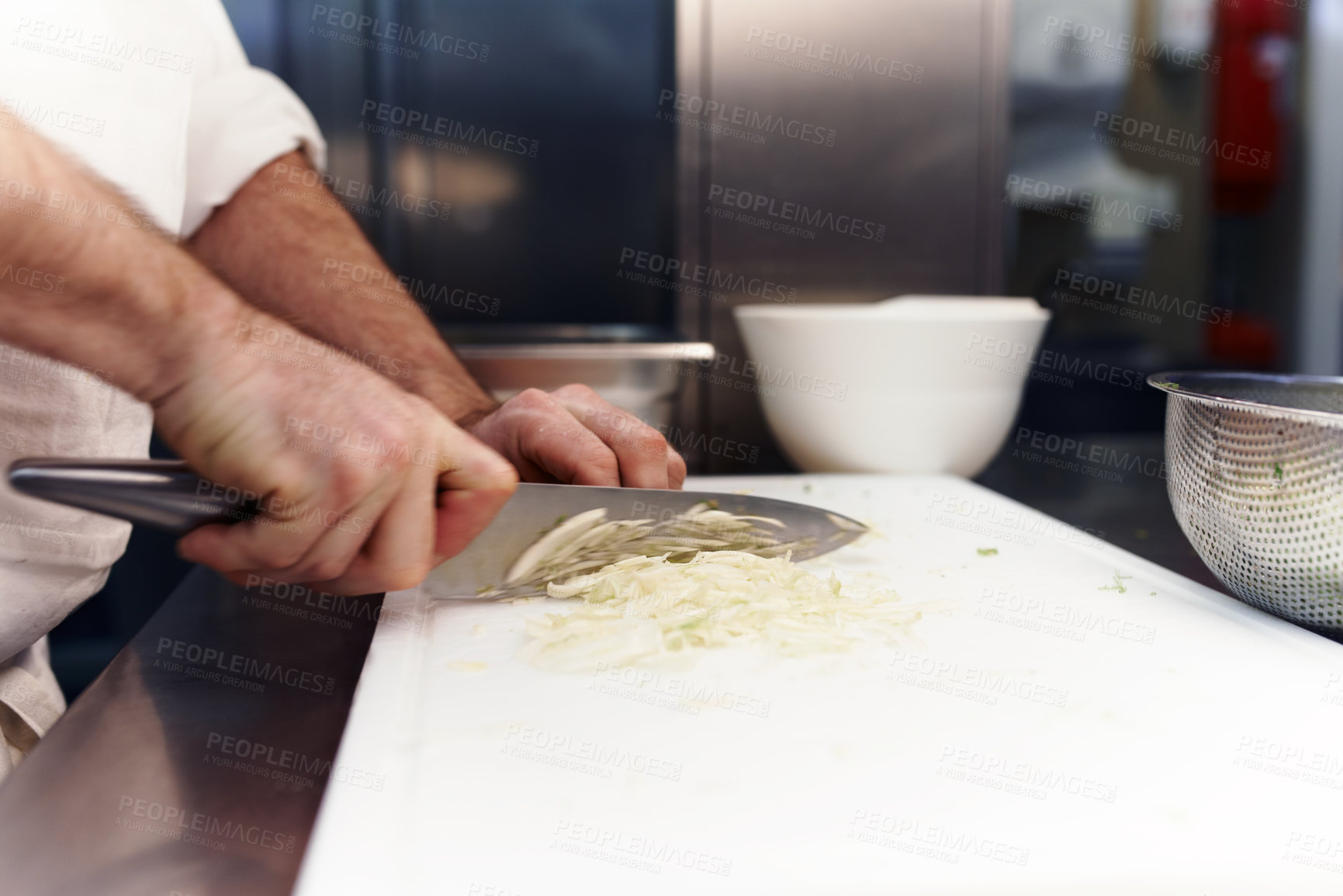 Buy stock photo Shot of chefs preparing a meal service in a professional kitchen