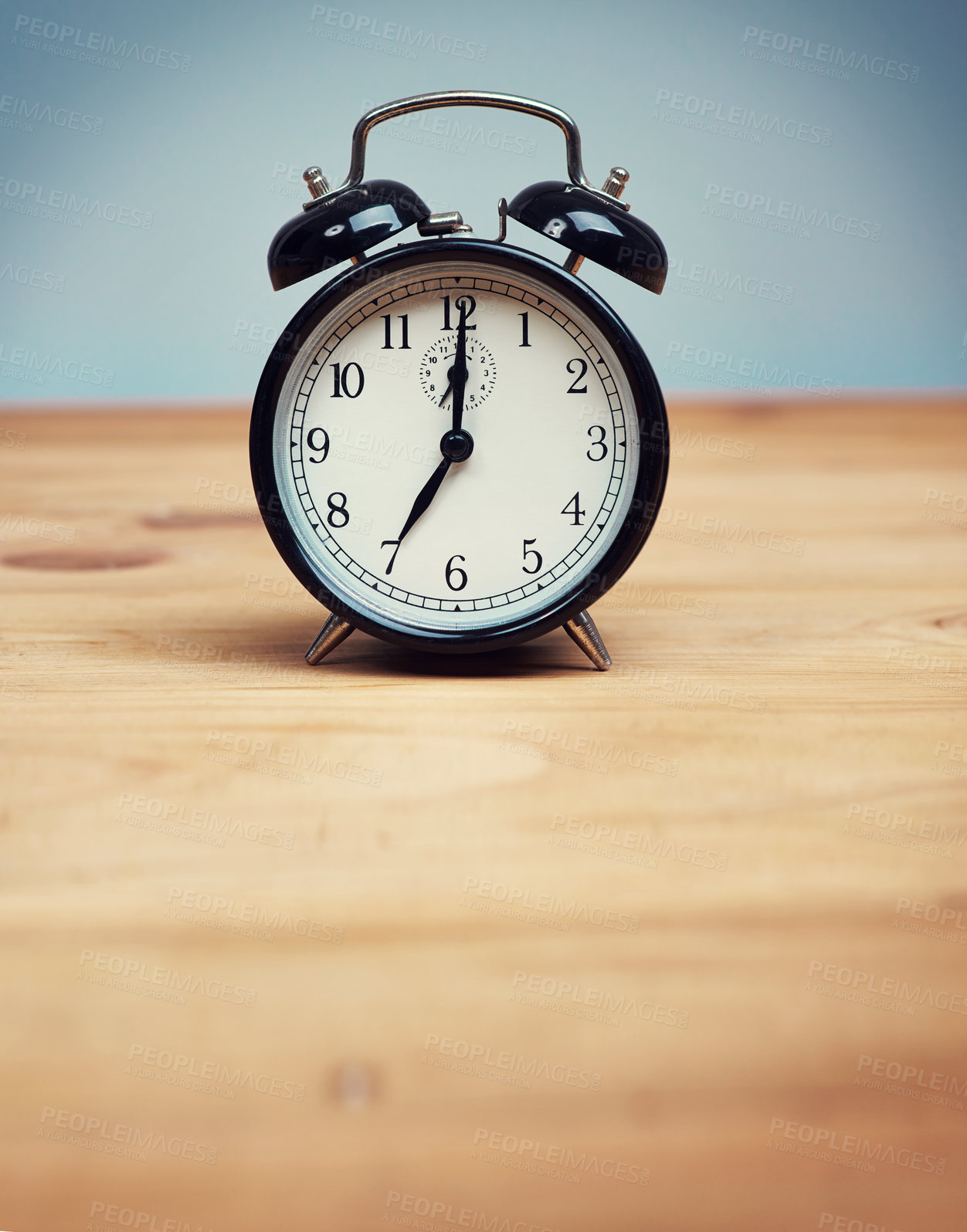 Buy stock photo Time, reminder and clock on desk, home and punctual with analog, wireless and technology for morning. Alarm, object and watch on wooden table, vintage and timer with numbers, still life and apartment