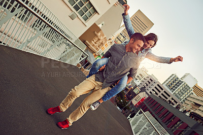 Buy stock photo Smile, couple and piggyback with fun outdoor for love, travel support and bonding together in city. Happy, people and embrace for journey freedom, healthy relationship and romance commitment in urban