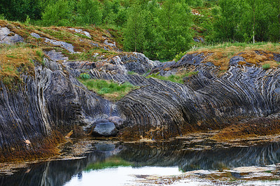 Buy stock photo Rock, forest or landscape of lake with natural environment, curve pattern or countryside in Norway. Zen water, mountains or scenic view of Europe in remote area for outdoor travel or holiday vacation