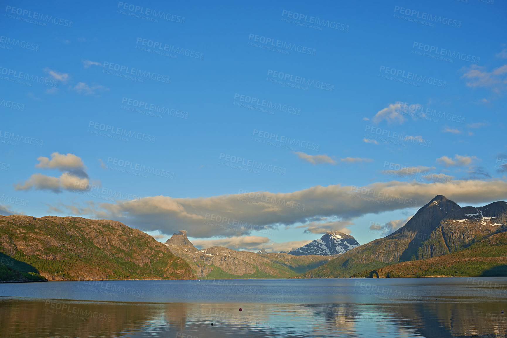 Buy stock photo Landscape, water and mountains with nature, blue sky or Norway with sunshine, tourism or earth. Empty, clouds or outdoor with plants, natural aesthetic or environment with wallpaper or sustainability