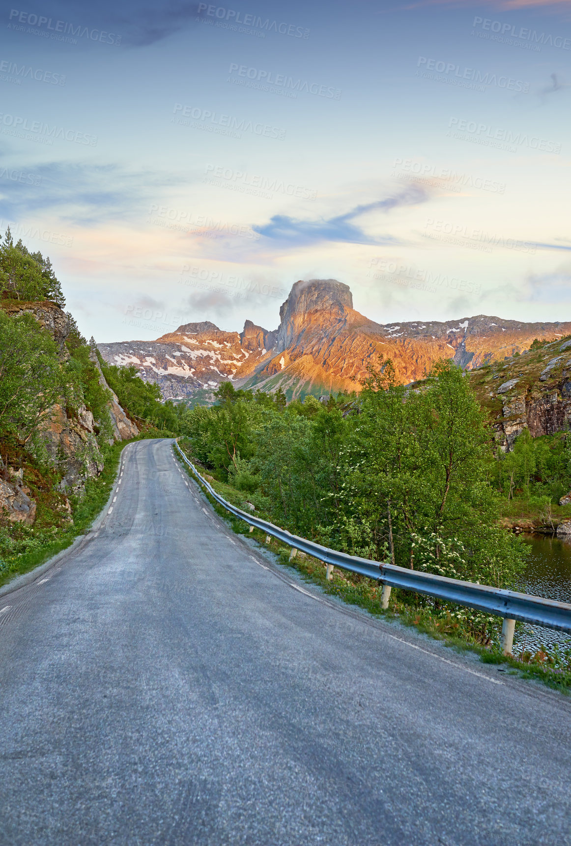 Buy stock photo Mountain pass, road and travel with route to nature destination for remote holiday or vacation. Earth, forest and trees with asphalt street in environment for journey or trip to wilderness location