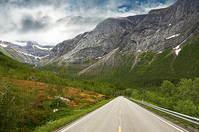 Buy stock photo Mountain pass, road and trees with route to nature destination for remote holiday or vacation. Earth, forest and travel with asphalt street in environment for journey or trip to wilderness location