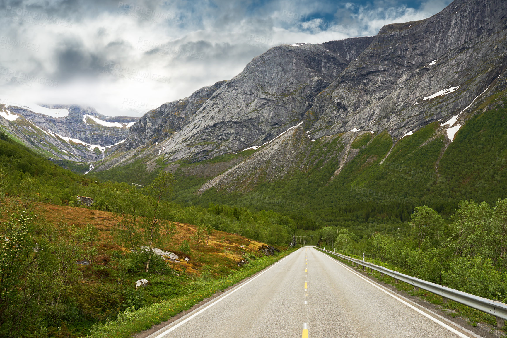 Buy stock photo Mountain pass, road and trees with route to nature destination for remote holiday or vacation. Earth, forest and travel with asphalt street in environment for journey or trip to wilderness location