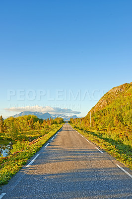 Buy stock photo Nature, road and sky with clouds by mountains, fjord and trees for transport system in summer. Landscape, mockup and space with highway, infrastructure and travel in environment by street in Norway