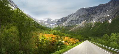 Buy stock photo Mountain pass, road and travel view of nature destination for remote holiday or vacation. Earth, forest and trees with asphalt route in environment for journey or trip to wilderness location