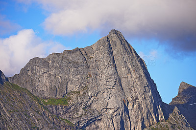 Buy stock photo Mountain, nature and blue sky with clouds for landscape, beauty and summer of adventure in Greece vacation. Journey, outdoor and explore cliff for view, road trip and environment peace with skyline
