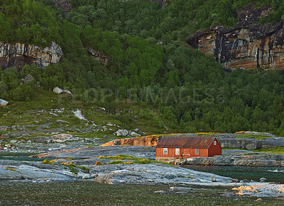 Buy stock photo Trip, mountain and outdoor travel for peace, norway and woods environment for nature. Barn, ecology and green location for wallpaper vacation or holiday, rural building and sustainable aesthetic