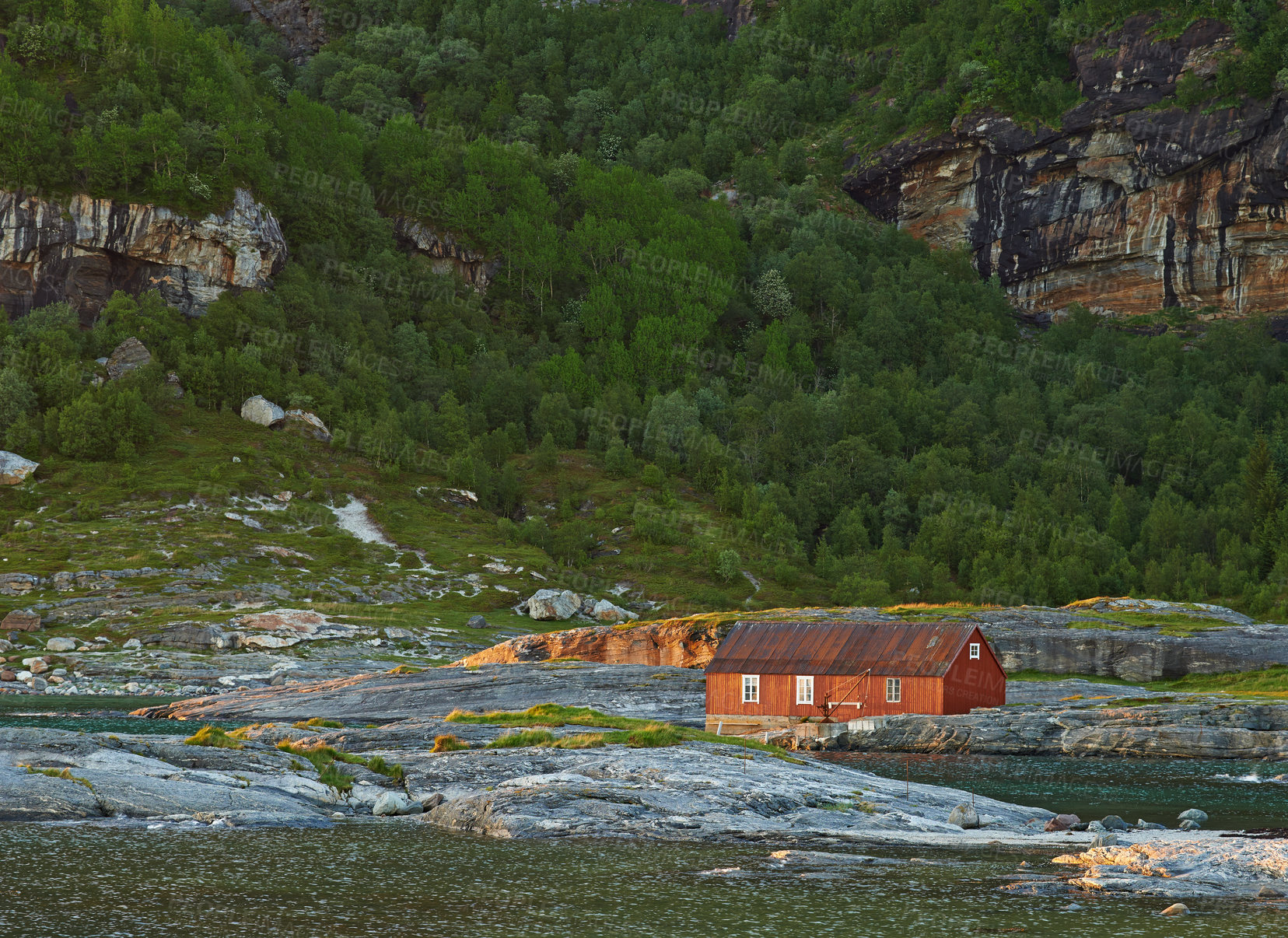 Buy stock photo Trip, mountain and outdoor travel for peace, norway and woods environment for nature. Barn, ecology and green location for wallpaper vacation or holiday, rural building and sustainable aesthetic