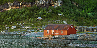 Buy stock photo Trip, mountain and outdoor travel for calm, norway and woods environment for nature. House, ecology and green location for wallpaper vacation or holiday, nordic cabin and sustainable aesthetic