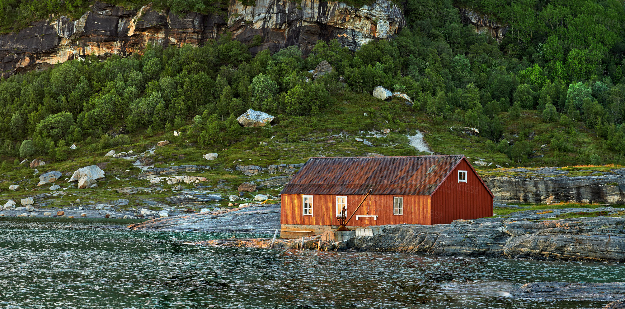 Buy stock photo Trip, mountain and outdoor travel for calm, norway and woods environment for nature. House, ecology and green location for wallpaper vacation or holiday, nordic cabin and sustainable aesthetic