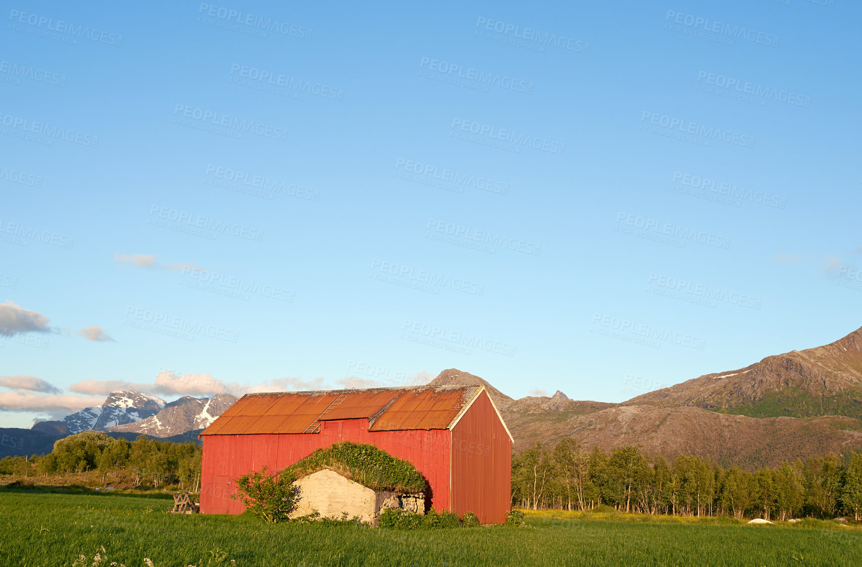 Buy stock photo Barn, countryside and outdoor travel for trip, norway and mountain environment for nature. Blue sky, mockup space and location for earth vacation or holiday, rural building and sustainable aesthetic