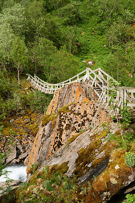 Buy stock photo Forest, mountain and landscape for bridge in summer Norway, nature and sustainable environment for travel. Green, jungle and ecology with pathway, peace and eco friendly of outdoor adventure 