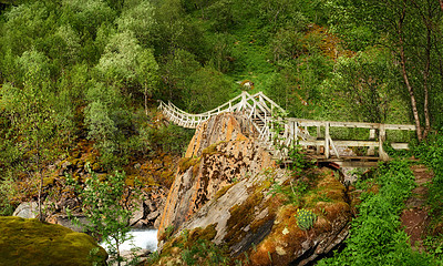 Buy stock photo Mountain, landscape and bridge in forest for nature in Norway, wood structure and sustainable environment for travel. Green, jungle and ecology with pathway, peace and eco friendly outdoor adventure 