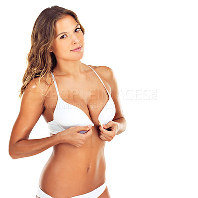 Buy stock photo Bikini woman or hands on backdrop for sexy or lingerie, erotic underwear or self confidence with beauty. Female model, undressing or studio with designer swimwear or strip, breast implant or cosmetic