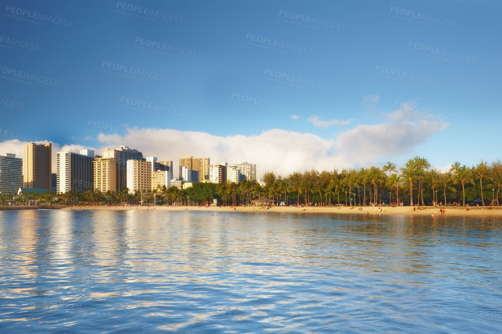 Buy stock photo Tourism, skyline and cityscape with buildings, water or view of Hawaii with ocean in panorama, harmony or peace. Holiday, trip and travel for vacation as wallpaper, background or texture on adventure