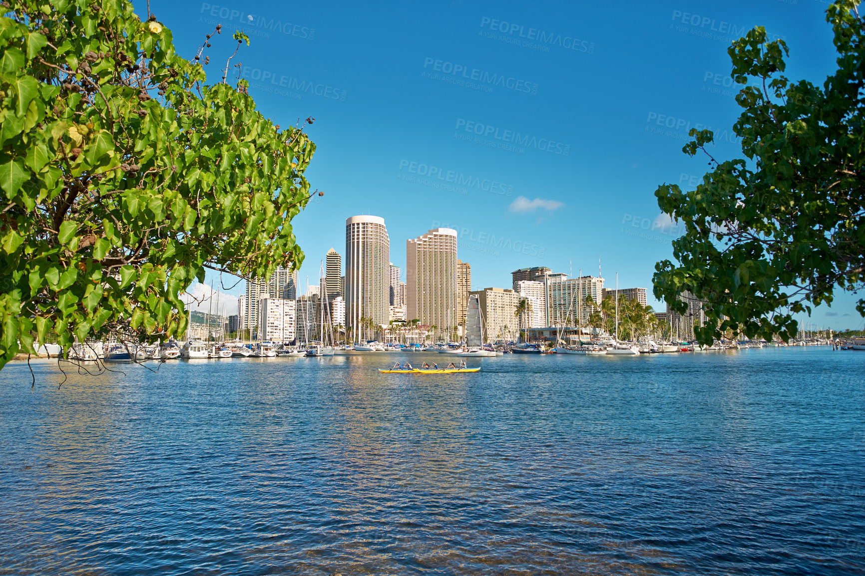 Buy stock photo City, sea and sky with business buildings outdoor in Hawaii, USA for commercial or corporate trade. Background, infrastructure and nature with architecture in urban town for work in sunny environment