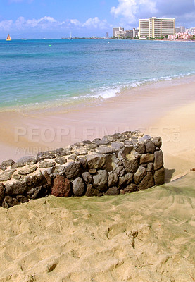 Buy stock photo Nature, beach and holiday destination with sand for summer travel, trip or vacation in Hawaii. Ocean, seaside and water with waves  in seashore or coast for tourism, adventure and relax on break