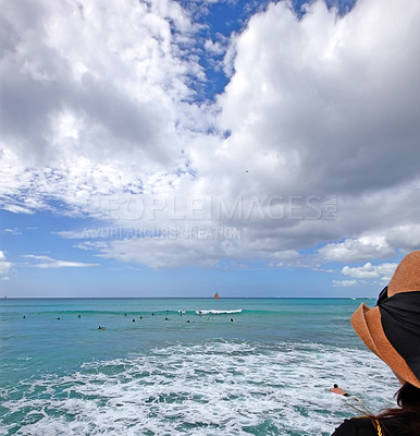 Buy stock photo Outdoor, ocean and summer on seascape, tropical island and Hawaii with skyline in nature, harmony and peace. Holiday, trip and travel for vacation as person, back and surfing for adventure