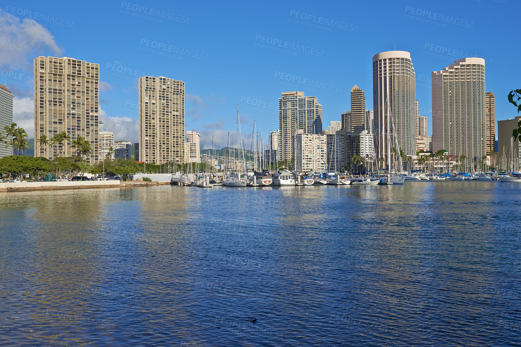 Buy stock photo City, sea and sky with business architecture outdoor in Hawaii, USA for commercial or corporate trade. Background, infrastructure and nature with buildings in urban town for work in sunny environment