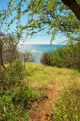 Buy stock photo Landscape, nature and path on mountain with seascape for travel, vacation and environment for hiking adventure. Wilderness, grass and blue sky by ocean for tropical island, sustainable or destination