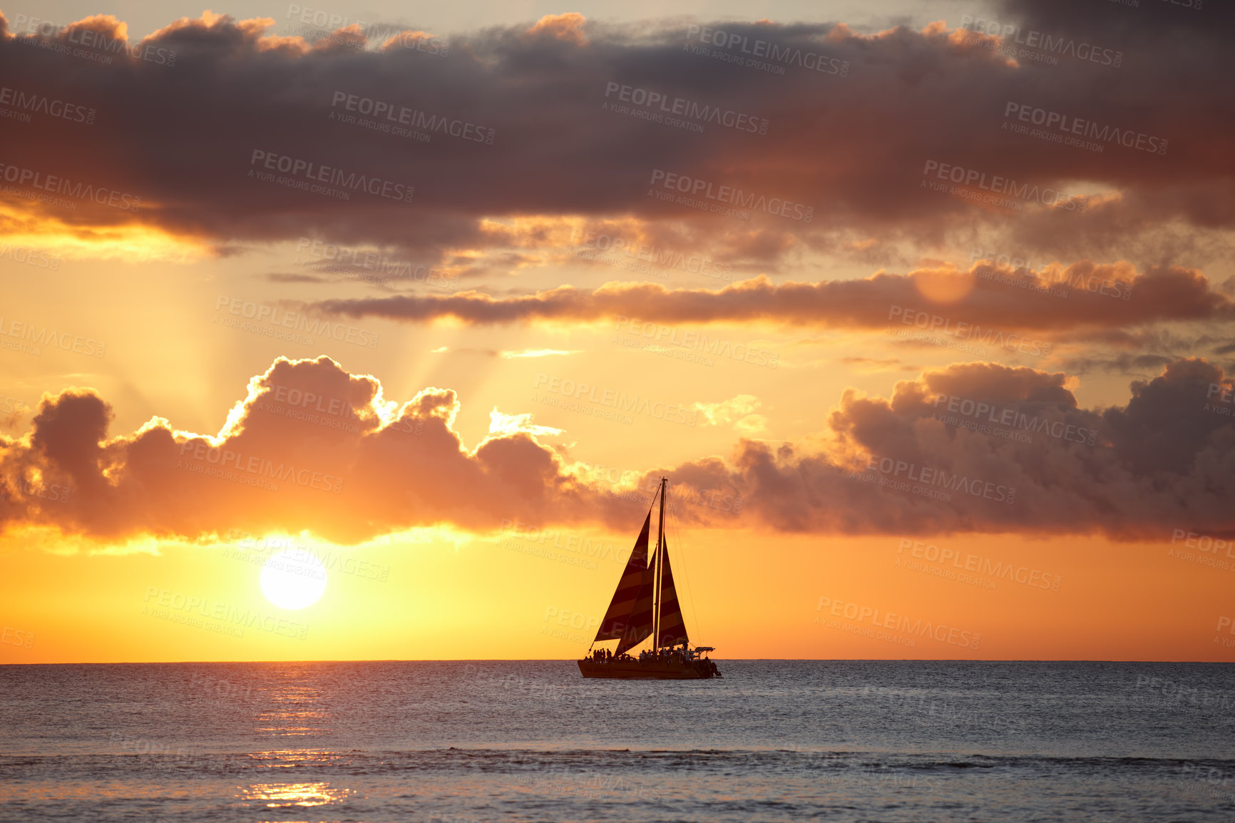 Buy stock photo Sunset, seascape and sail boat in ocean, tropical island and Hawaii with skyline in nature, harmony and peace. Holiday, trip and travel for vacation as wallpaper, background or texture for adventure