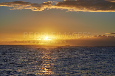 Buy stock photo Sunset, sea and horizon of natural environment, beach and ocean during night in summer. Sky, nature and sunrise in landscape for tropical, calm and destination with island peace on Waikiki, Honolulu