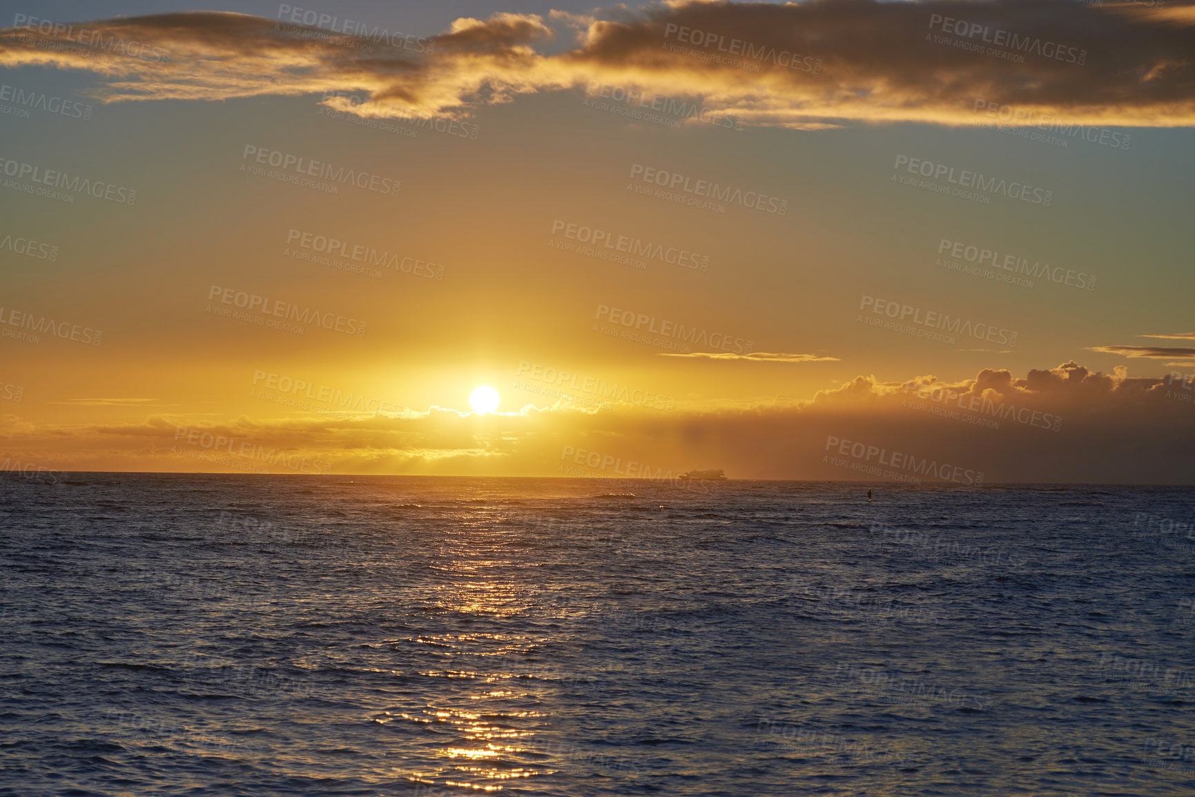 Buy stock photo Sunset, sea and horizon of natural environment, beach and ocean during night in summer. Sky, nature and sunrise in landscape for tropical, calm and destination with island peace on Waikiki, Honolulu