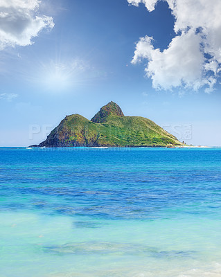 Buy stock photo Mountain, nature or seascape with sunshine for wallpaper, environment or vacation in Hawaii. Landscape, island or ocean from shore for ecology, remote holiday or travel destination to Lanikai beach