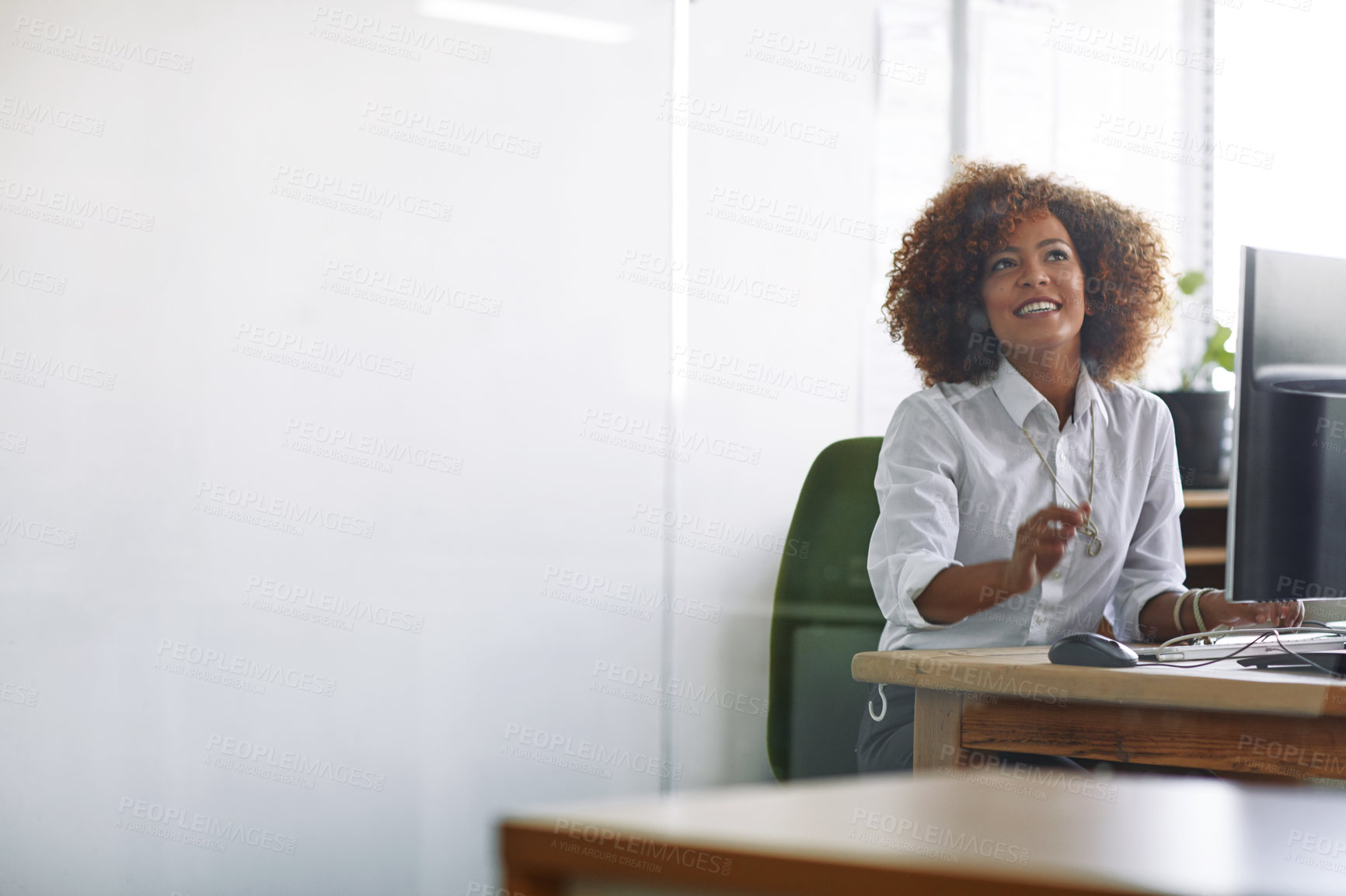 Buy stock photo Research, happy or black woman in office with monitor, good review or breakthrough in news story idea. Digital, space or journalist in agency with tech, positive blog post or feedback on publication.