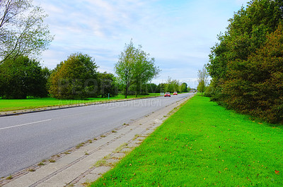 Buy stock photo Road, nature and pathway for car, journey and peace in environment, location and adventure in forest. Woods, highway and direction of destination to travel, morning and trees on trip and landscape