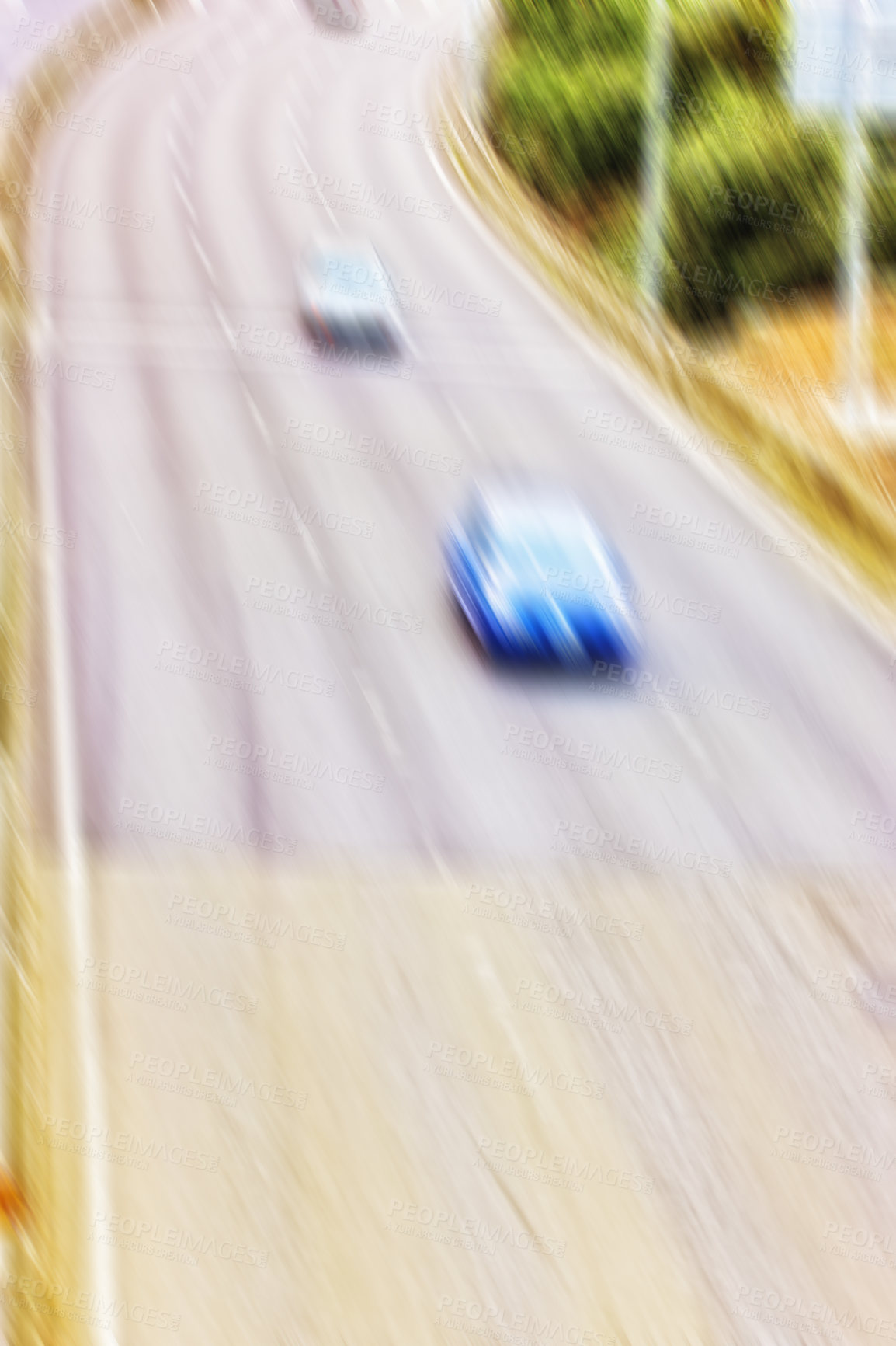 Buy stock photo Cars, highway and motion blur for driving with high speed, movement and transportation on freeway for road trip. Travel, vehicle and moving fast on motorway, urban commute and expressway or lane.