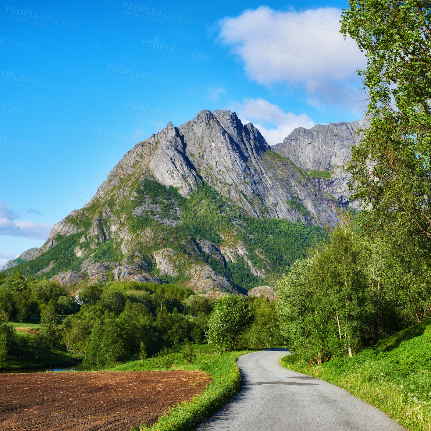 Buy stock photo Road, mountain and location to travel, outdoor and peace in environment, nature and adventure in forest. Woods, highway and direction of destination for journey, morning and trees in landscape