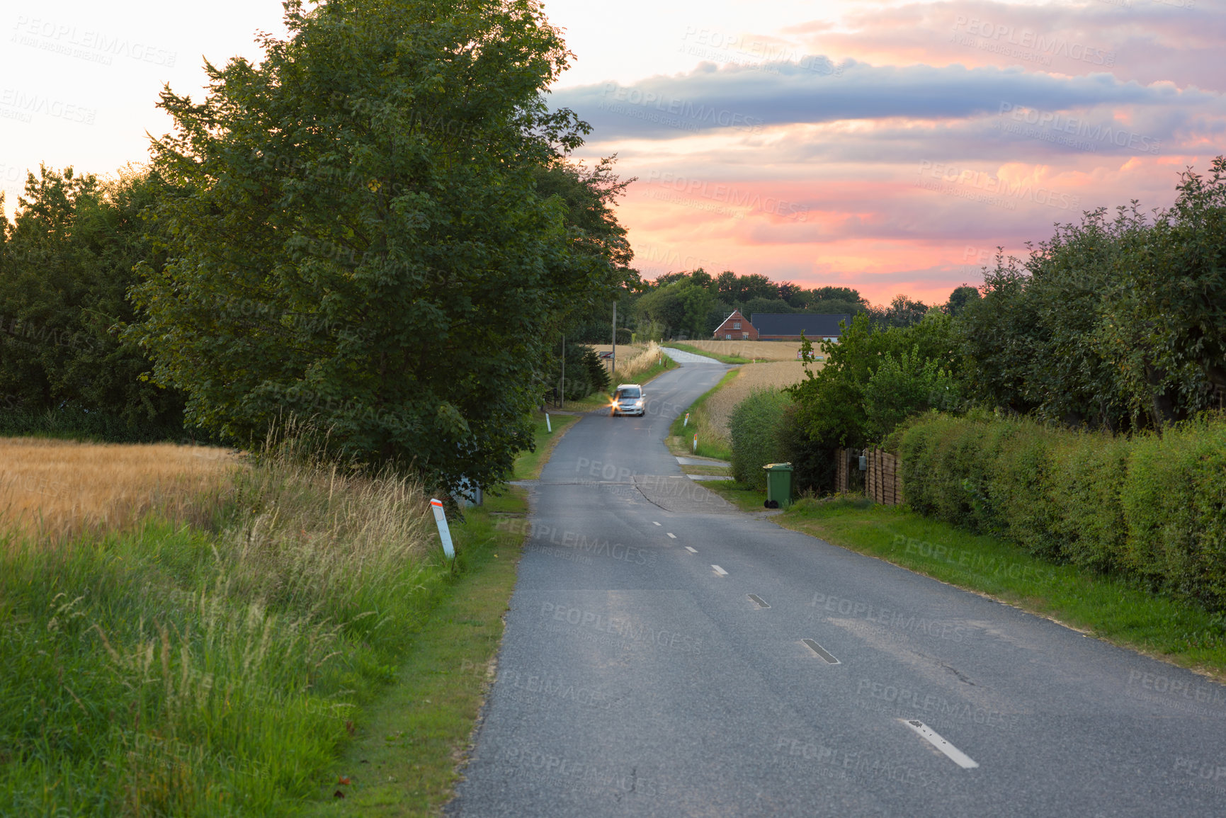 Buy stock photo Road, countryside and pathway to travel, outdoor and peace in environment, village and scenery of trip. Denmark, highway and direction of destination for journey, morning and tree in nature or street