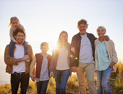 Buy stock photo Grandparents, parents and children portrait in nature, summer fun in countryside. Exercise, kids and generations holding hands, happy in field on vacation with family together in calm outdoors