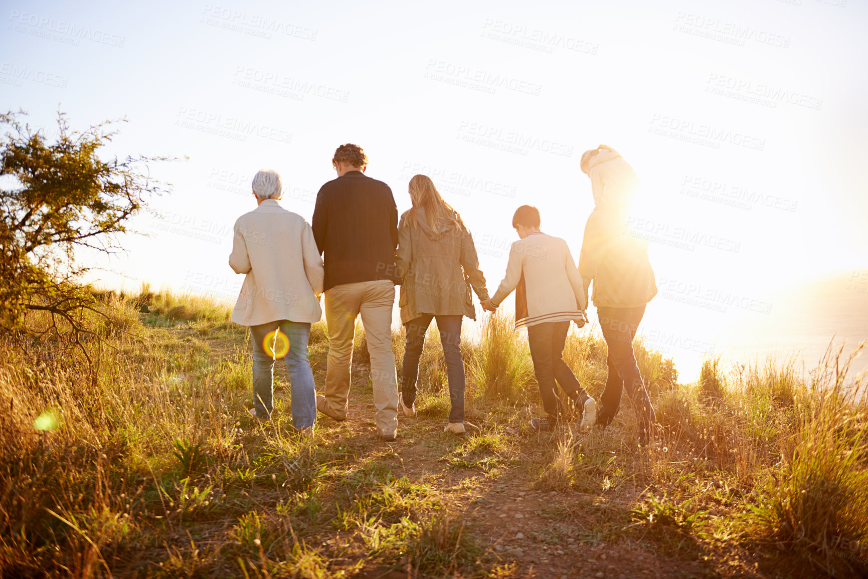 Buy stock photo Rearview shot of a multi-generational family walking together at sunset
