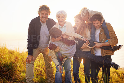 Buy stock photo Grandparents, parents and children fun portrait in nature, spring in countryside. Exercise, kids and generations playing with child, happy in field on vacation with family together in calm outdoors