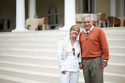 Buy stock photo Hotel, stairs and portrait of senior couple holding hands outdoor for travel, vacation or holiday fun. Hospitality, villa and face of old people with love, smile or together on luxury retirement trip