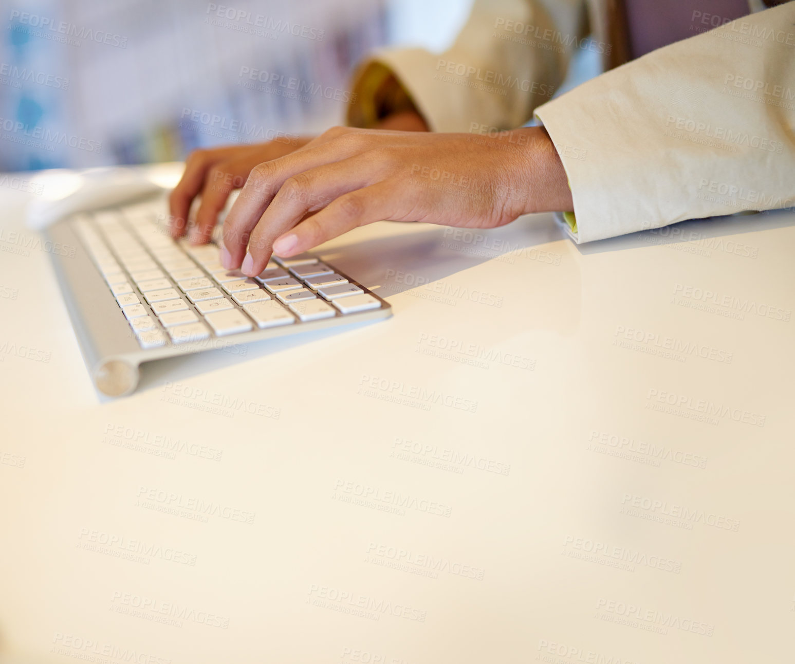 Buy stock photo Person, hands and typing on keyboard in workplace, email client and financial banking on website. Employee, online and fingers for writing investment report in office, account update and mockup space